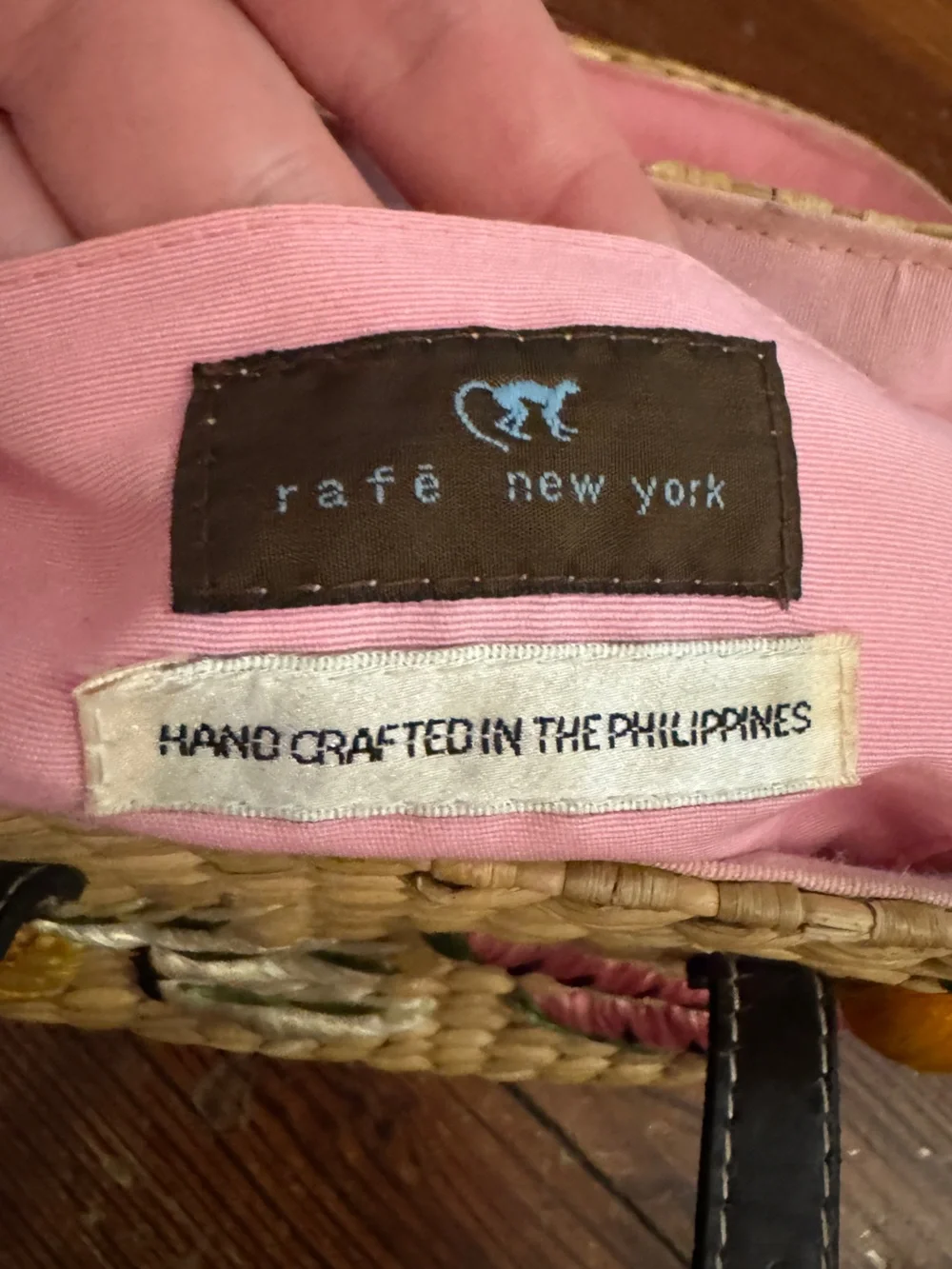Rafe New York Vintage Straw Braided Basket Bag w/ Embroidered Fruit Square